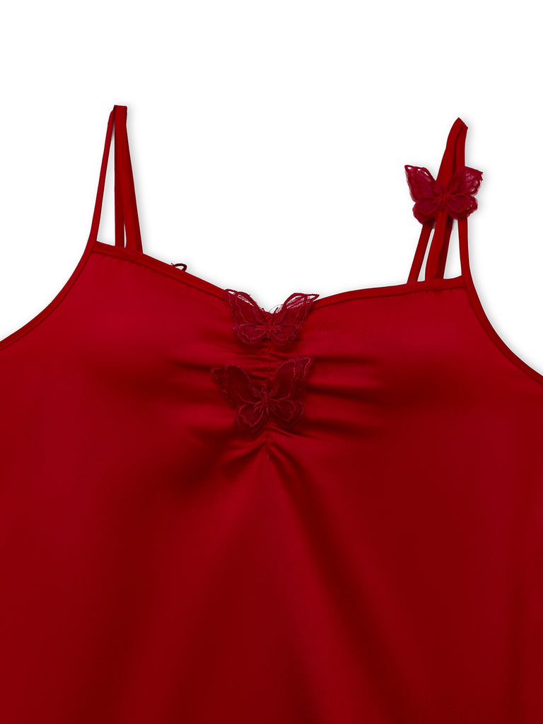 [Pre-Sale] Red 1940s Satin 3D-Butterfly Split Slip Nightgown