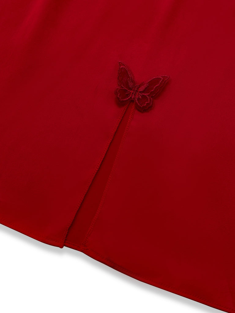 [Pre-Sale] Red 1940s Satin 3D-Butterfly Split Slip Nightgown