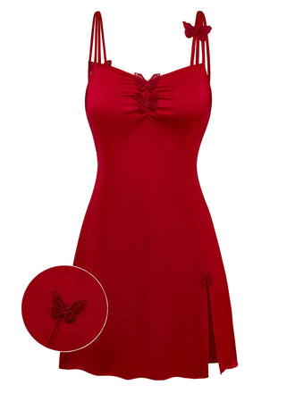 [Pre-Sale] Red 1940s Satin 3D-Butterfly Split Slip Nightgown