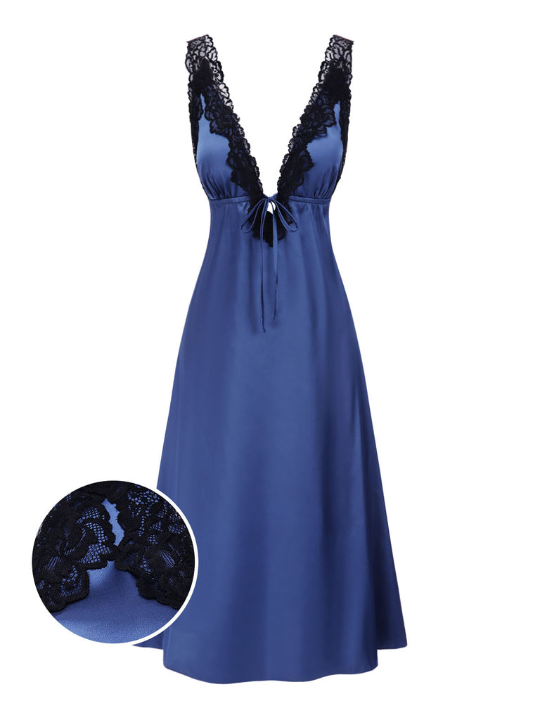 [Pre-Sale] Navy Blue 1930s Satin Lace Deep V-Neck Nightdress