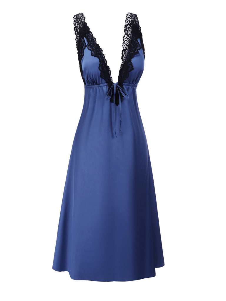[Pre-Sale] Navy Blue 1930s Satin Lace Deep V-Neck Nightdress