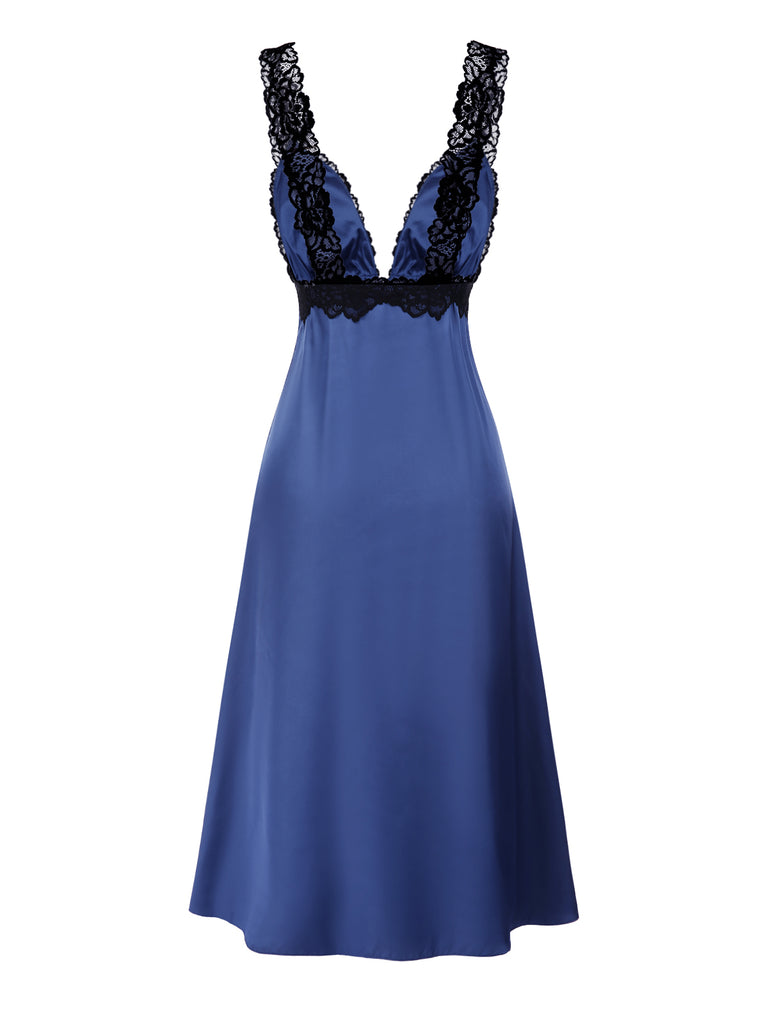 [Pre-Sale] Navy Blue 1930s Satin Lace Deep V-Neck Nightdress