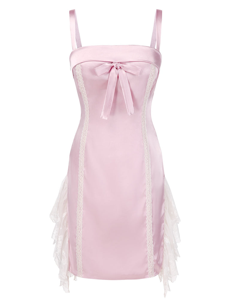 [Pre-Sale] Pink 1960s Mesh Patchwork Bow Slip Nightdress