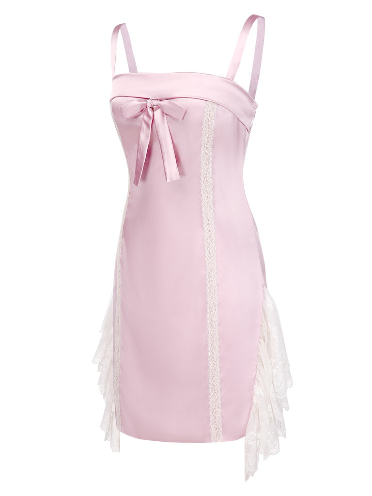[Pre-Sale] Pink 1960s Mesh Patchwork Bow Slip Nightdress