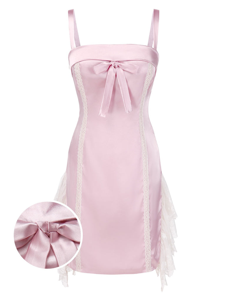 [Pre-Sale] Pink 1960s Mesh Patchwork Bow Slip Nightdress