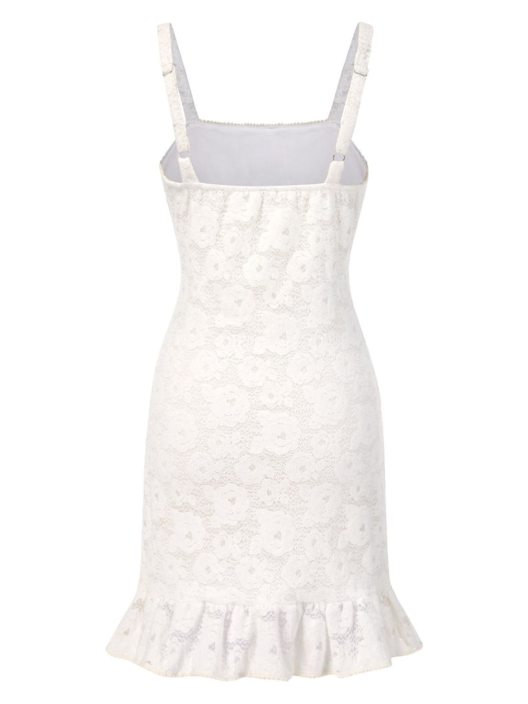 [Pre-Sale] White 1930s Floral Lace Ruffle Hem Nightgown