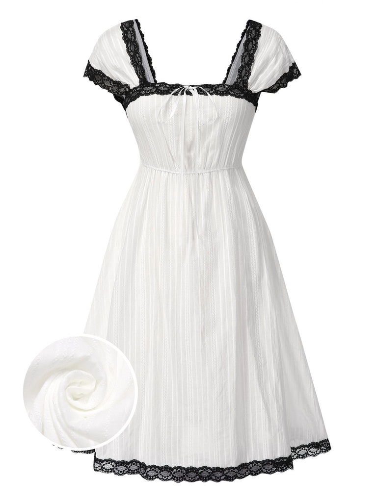 [Pre-Sale] White 1940s Cotton Lace Stripe Cap Sleeve Nightdress