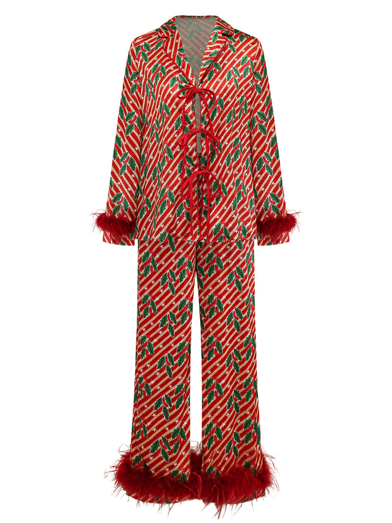 [Pre-Sale] Red 1950s Holly & Candy Cane Stripes Feather Pajama Set