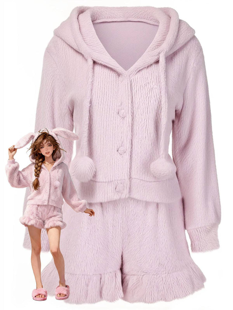 [Pre-Sale] Pink 1950s Plush Bunny Ears Hoodie Pajamas