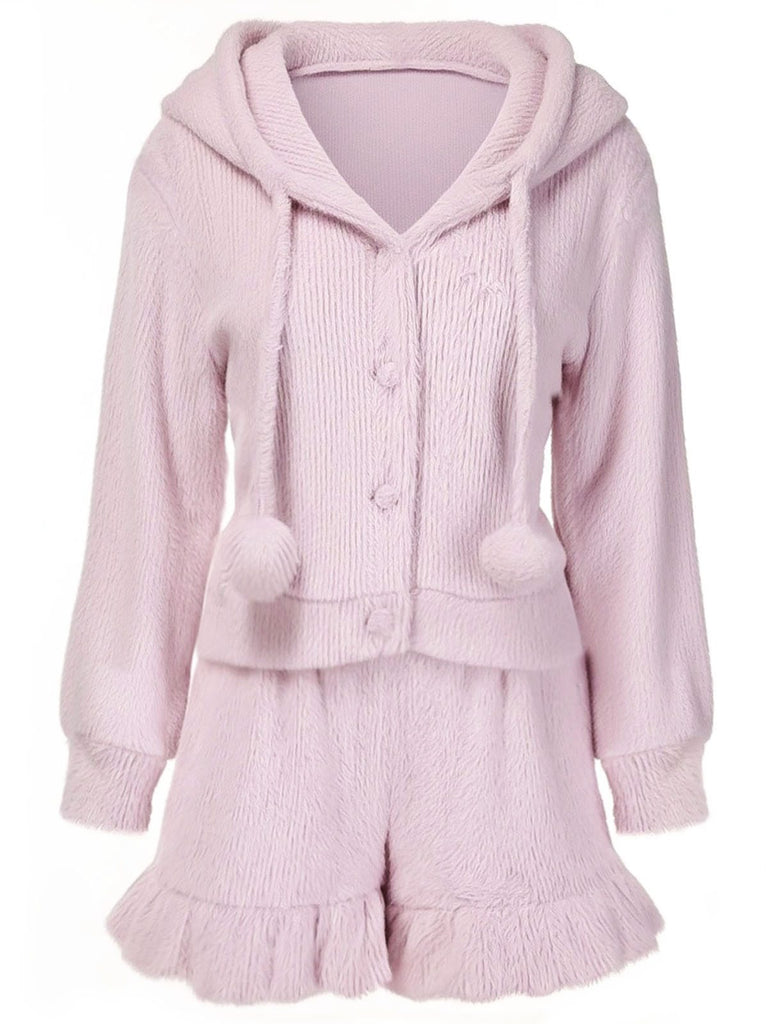 [Pre-Sale] Pink 1950s Plush Bunny Ears Hoodie Pajamas