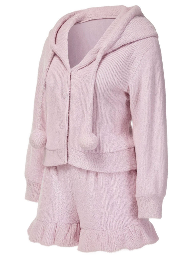[Pre-Sale] Pink 1950s Plush Bunny Ears Hoodie Pajamas
