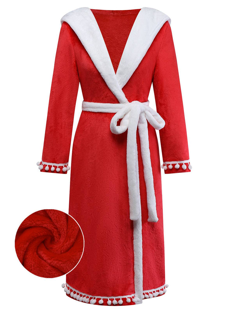 [Pre-Sale] Red 1940s Faux Fur V-Neck Pom Pom Hooded Robe