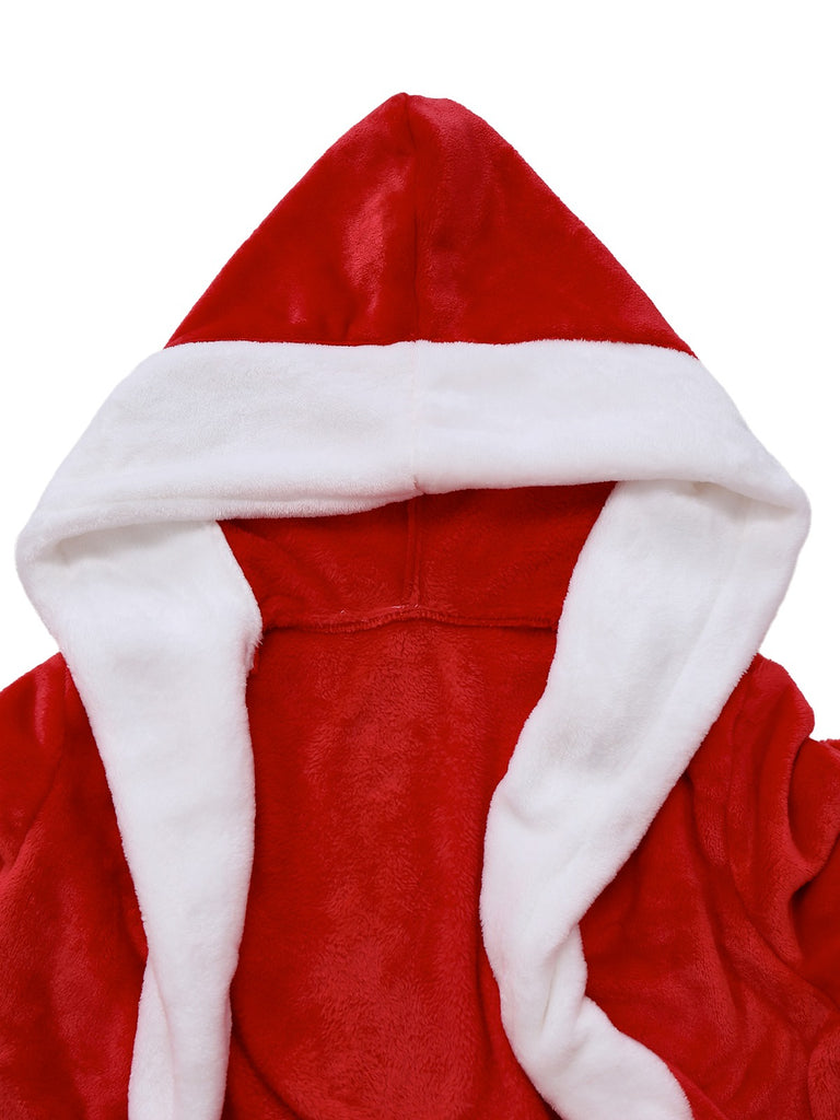 [Pre-Sale] Red 1940s Faux Fur V-Neck Pom Pom Hooded Robe