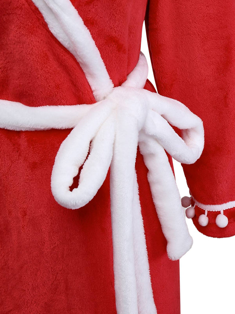 [Pre-Sale] Red 1940s Faux Fur V-Neck Pom Pom Hooded Robe