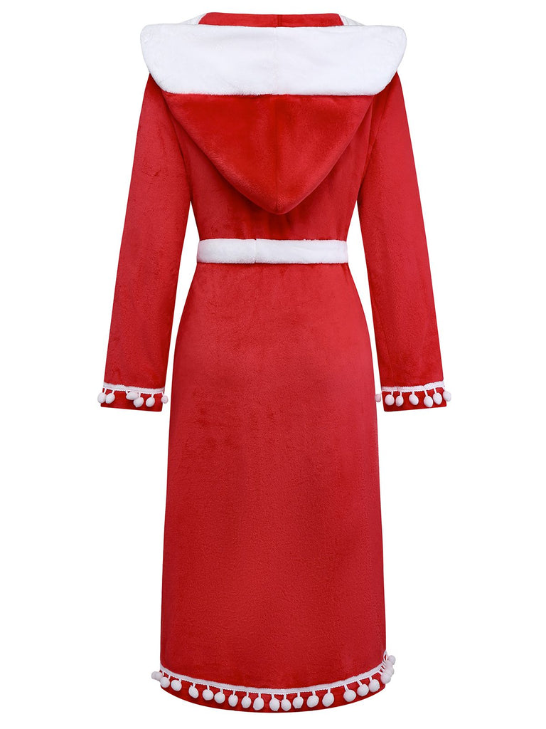 [Pre-Sale] Red 1940s Faux Fur V-Neck Pom Pom Hooded Robe