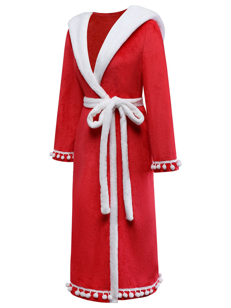 [Pre-Sale] Red 1940s Faux Fur V-Neck Pom Pom Hooded Robe