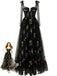 Black 1930s Slip Embroidered Floral Mesh Maxi Dress