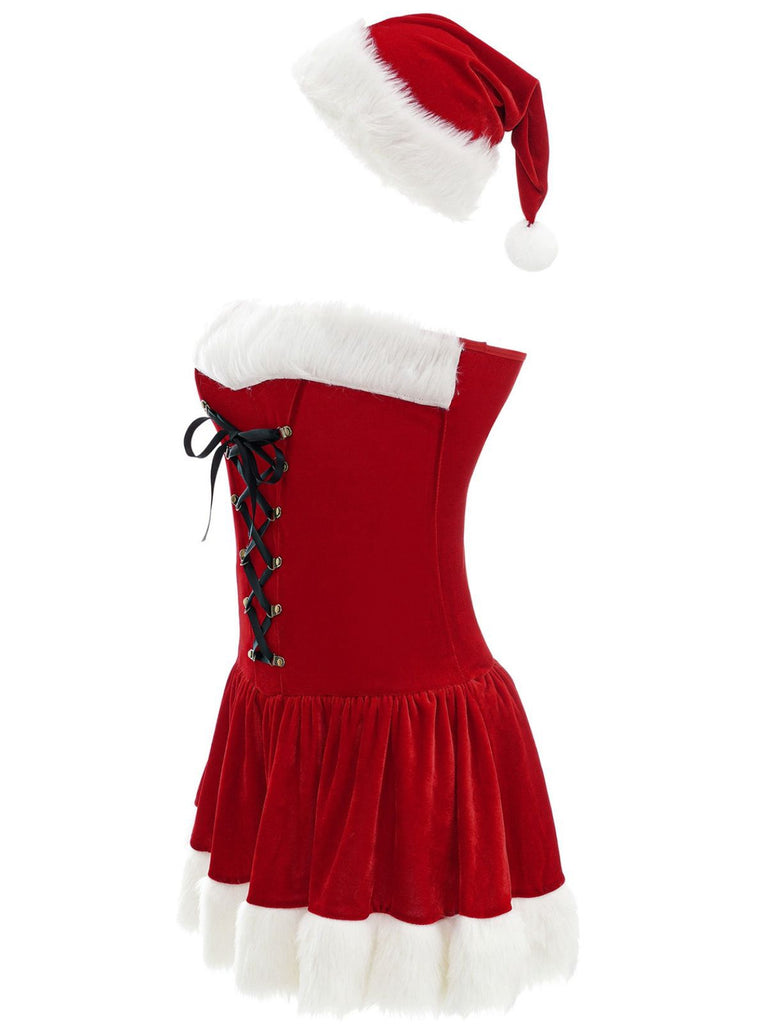 Red 1970s Christmas Plush Lace-Up Strapless Santa Dress