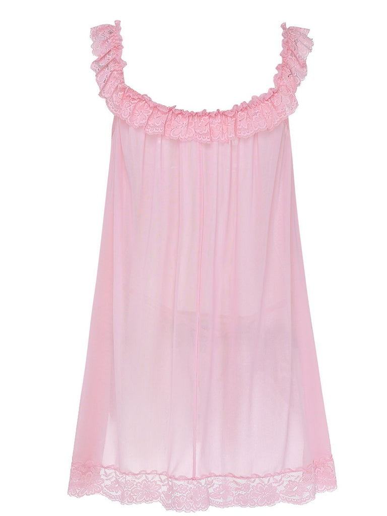 1950s Bow Lace Trim Sheer Mesh Babydoll Nightgown