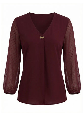 Wine Red 1940s Solid V-Neck Sheer Sleeve Top