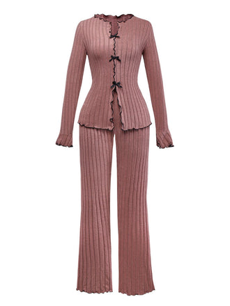 1950s Bow Knitted Ruffled Long Pajama Set