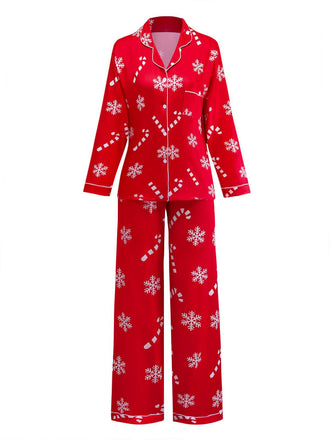 Red 1950s Christmas Snowflake Candy Cane Pajama Set