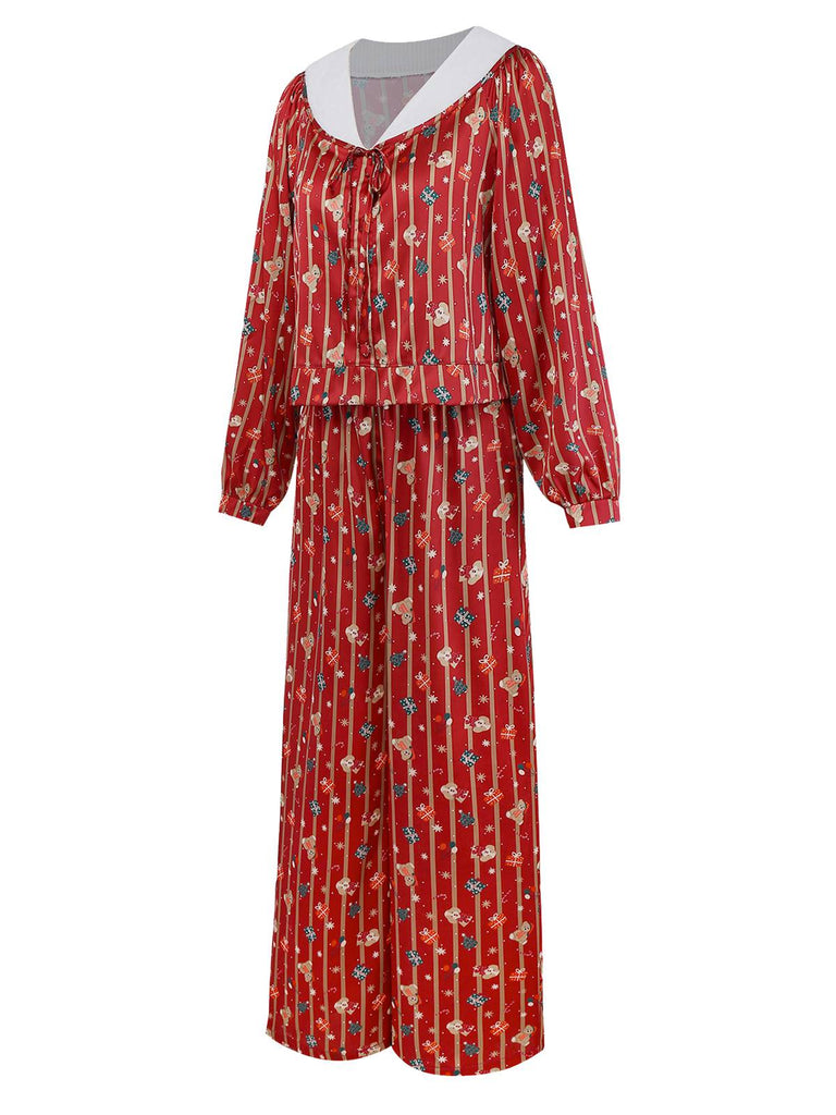 [Pre-Sale] Red 1950s Christmas Candy Stripe Plush Trim Pajama Set