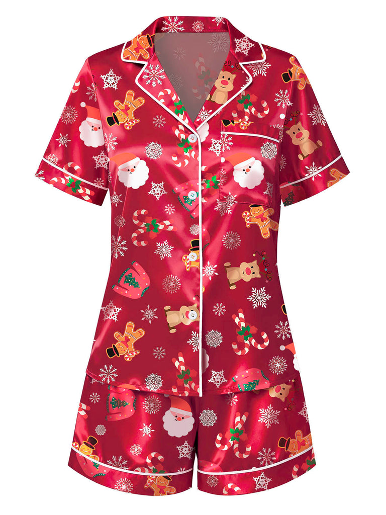 [Pre-Sale] Red 1950s Lapel Christmas Print Pajama Set