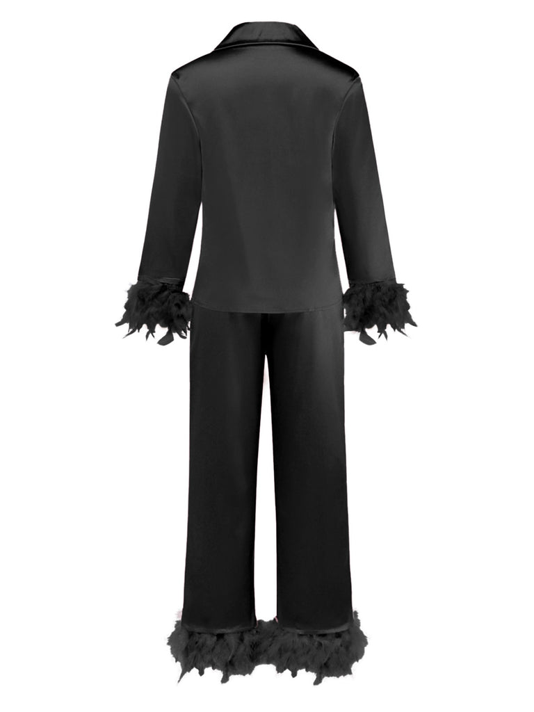 1930s Solid Feather Trim Satin Pajama Set