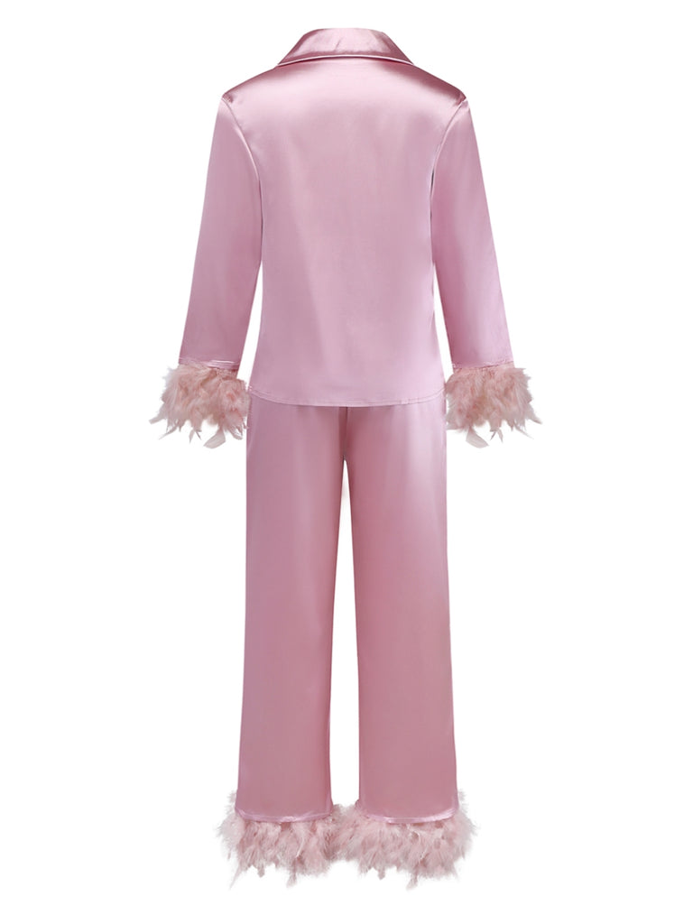 1930s Solid Feather Trim Satin Pajama Set