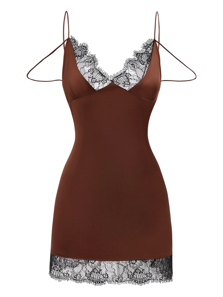 [Pre-Sale] Brown 1960s Satin Mesh Patchwork Slip Nightgown