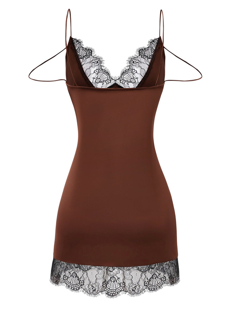 [Pre-Sale] Brown 1960s Satin Mesh Patchwork Slip Nightgown