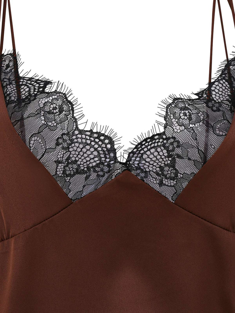 [Pre-Sale] Brown 1960s Satin Mesh Patchwork Slip Nightgown