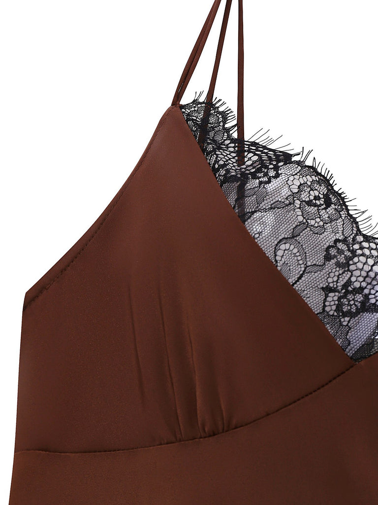 [Pre-Sale] Brown 1960s Satin Mesh Patchwork Slip Nightgown