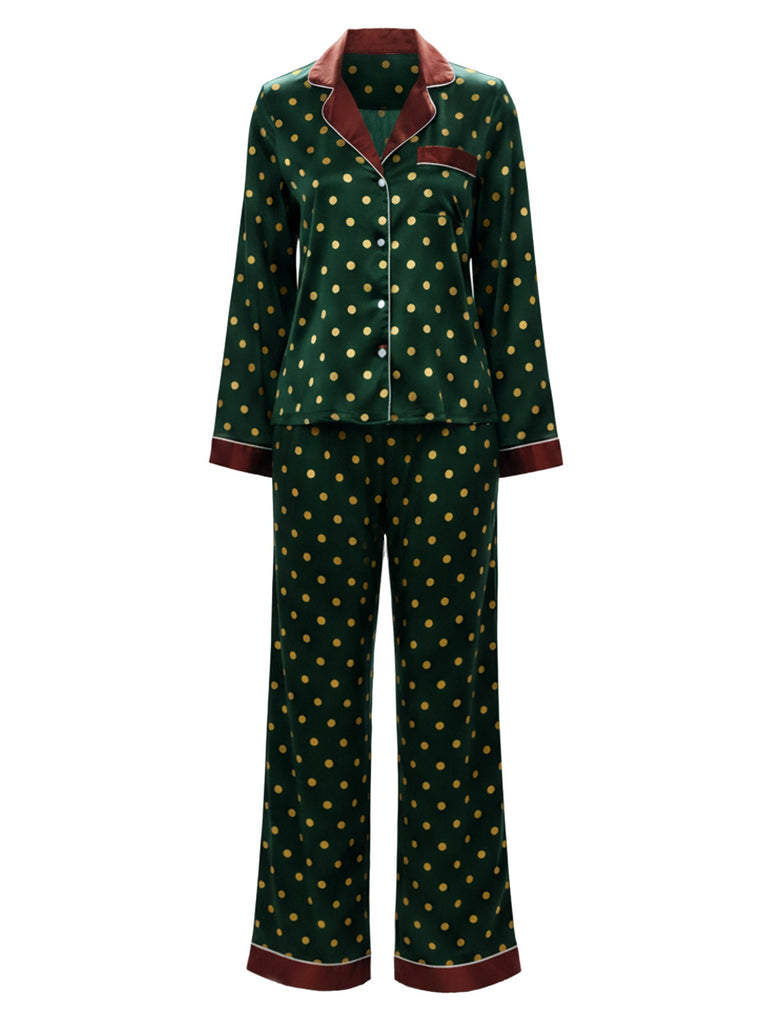 [Pre-Sale] Dark Green 1970s Contrast Polka Dots Pajamas