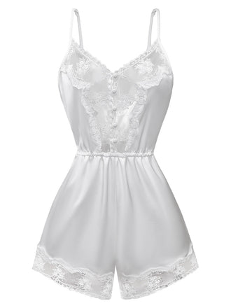 [Pre-Sale] White 1960s Lace Trim Camisole Romper Pajamas