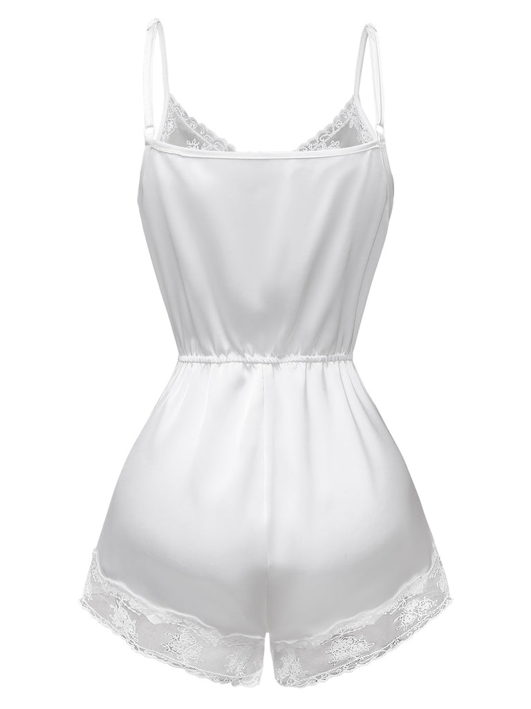 [Pre-Sale] White 1960s Lace Trim Camisole Romper Pajamas