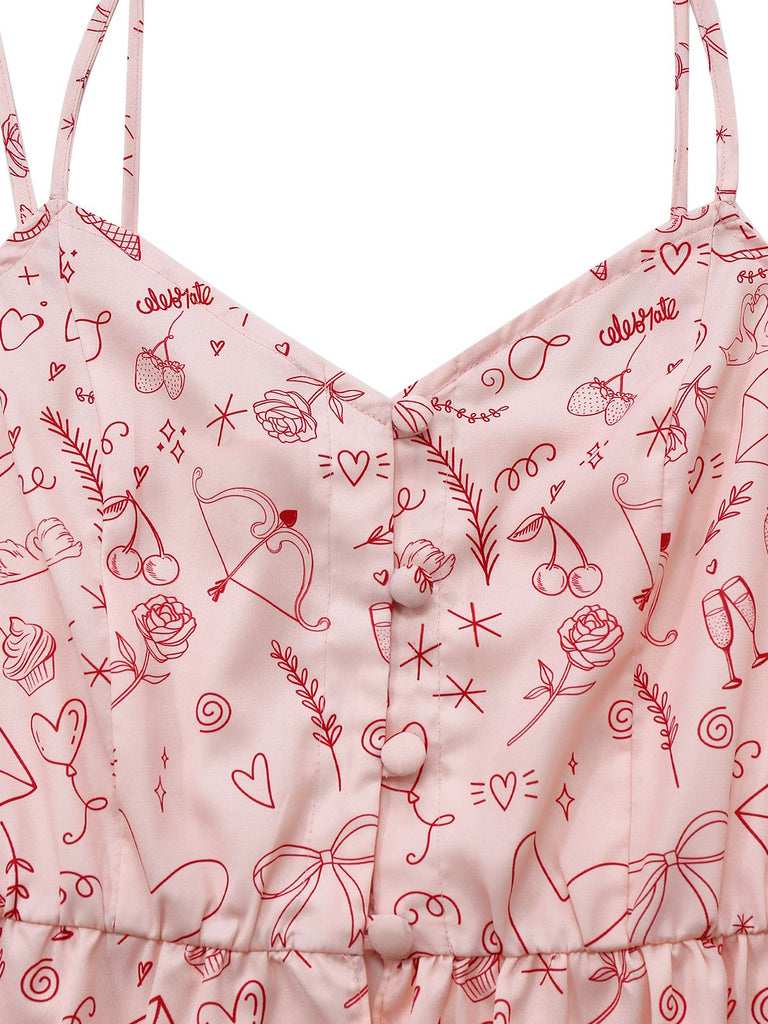 [Pre-Sale] Pink 1970s Valentine's Day Lace Panel Cami Pajama Set