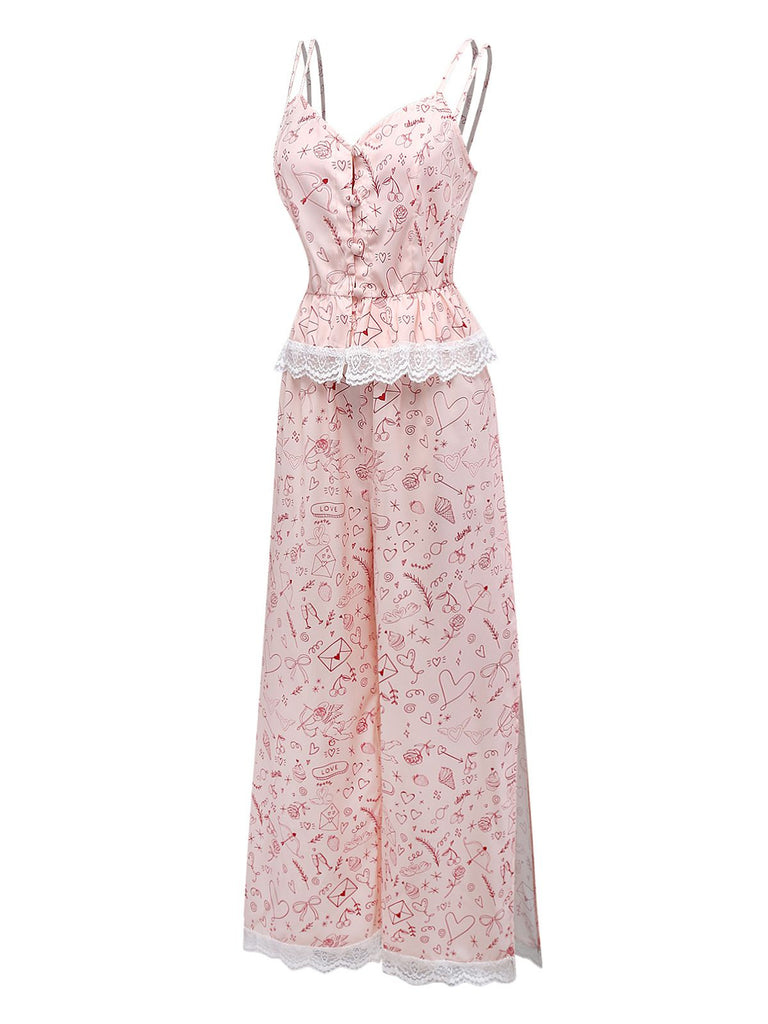 [Pre-Sale] Pink 1970s Valentine's Day Lace Panel Cami Pajama Set