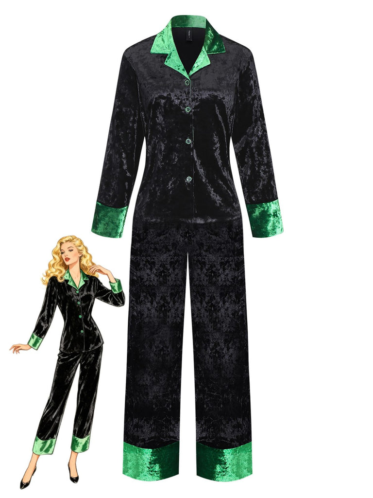 Green & Black 1960s Shimmer Velvet Notched Collar Pajama Set