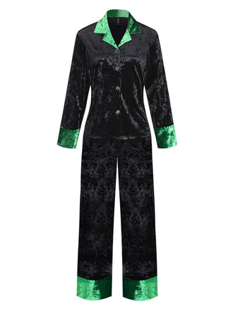 Green & Black 1960s Shimmer Velvet Notched Collar Pajama Set