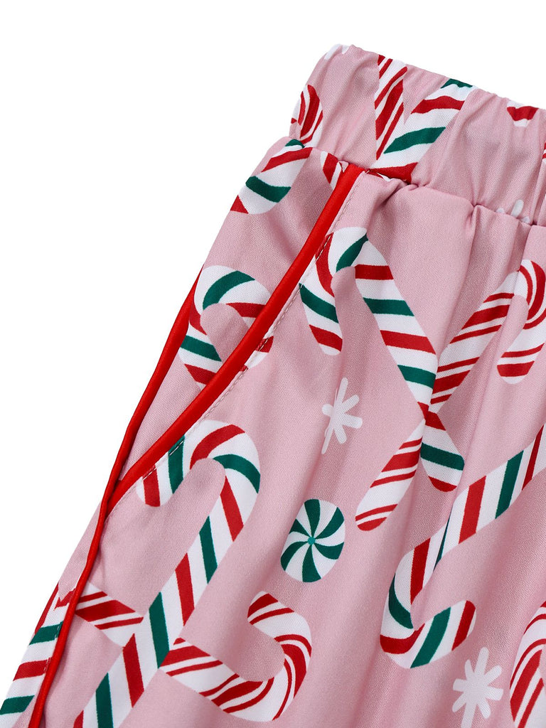 Pink 1940s Christmas Candy Cane Long Pajama Set