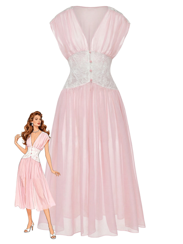 Pink 1930s Mesh Pleated Lace Waist Robe