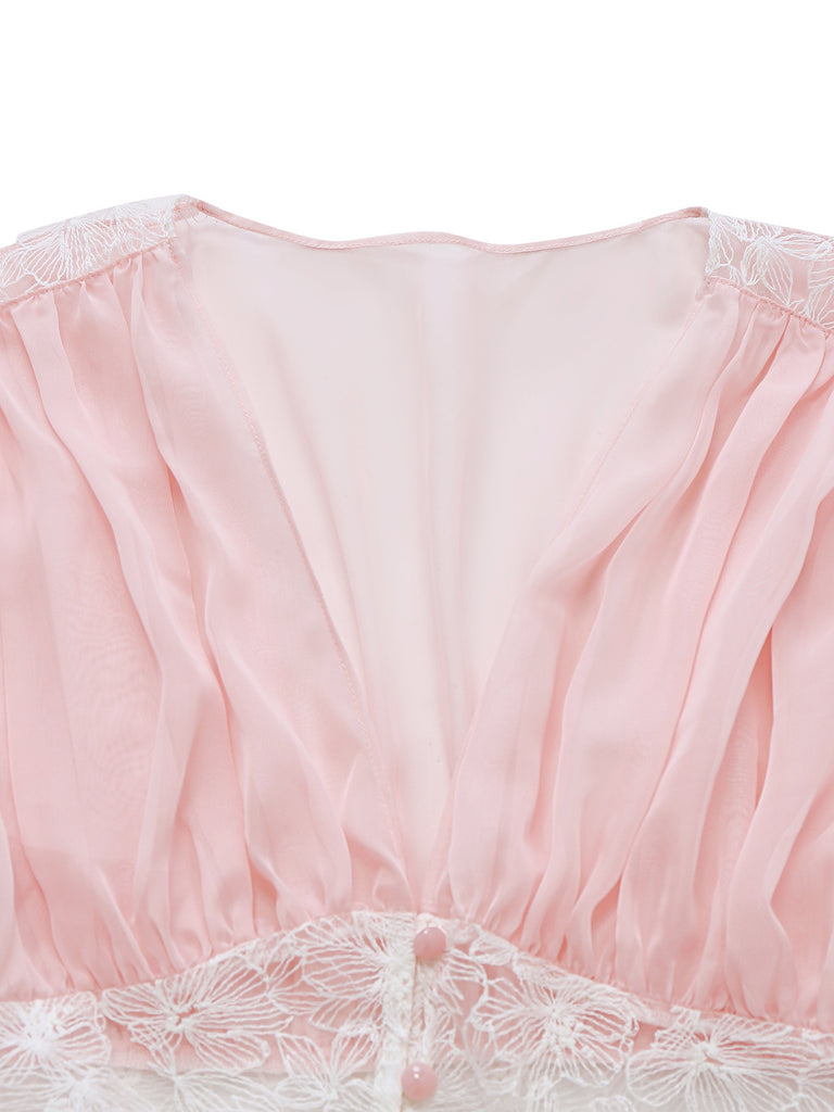 [Pre-Sale] Pink 1930s Mesh Pleated Lace Waist Robe
