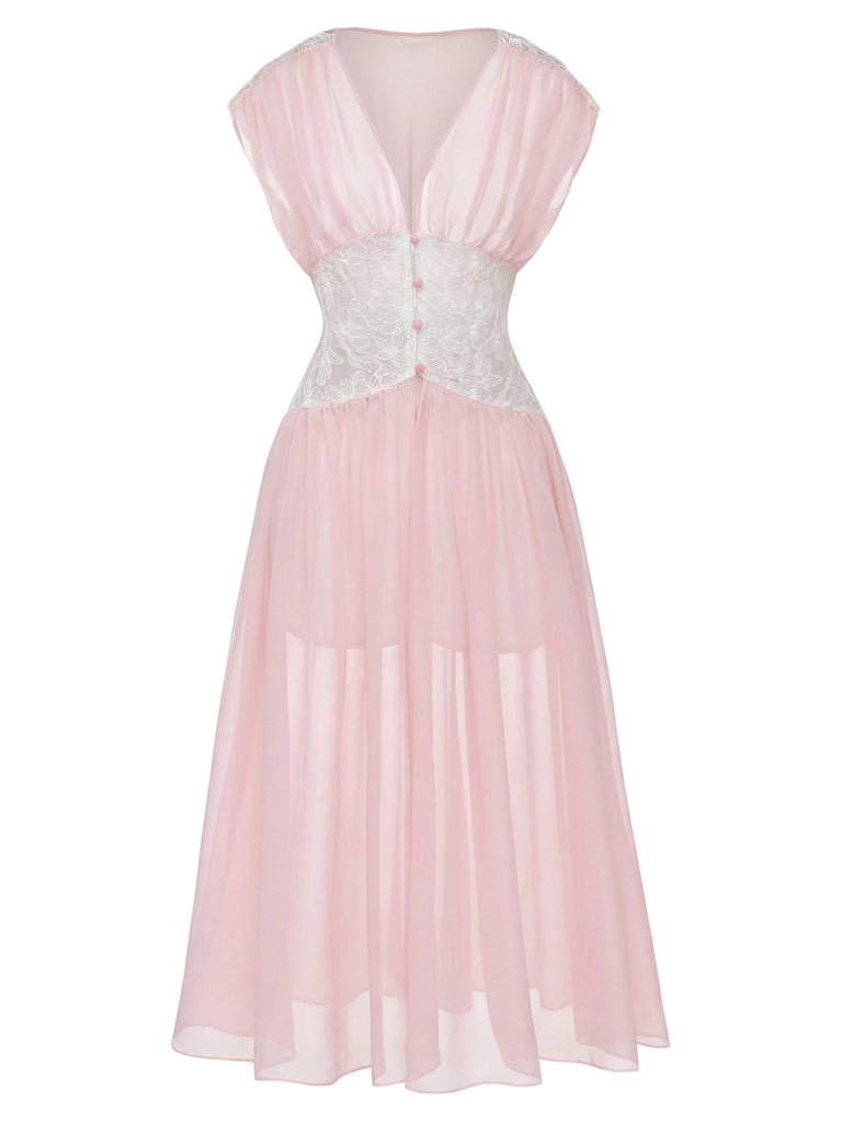 [Pre-Sale] Pink 1930s Mesh Pleated Lace Waist Robe