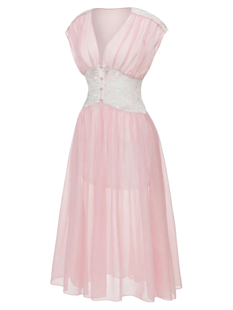 [Pre-Sale] Pink 1930s Mesh Pleated Lace Waist Robe