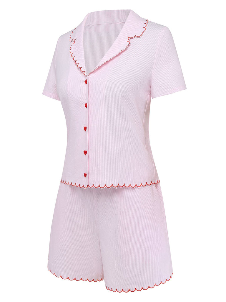 [Pre-Sale] Pale Pink 1950s Pinstripe Heart Button Cotton Pajamas