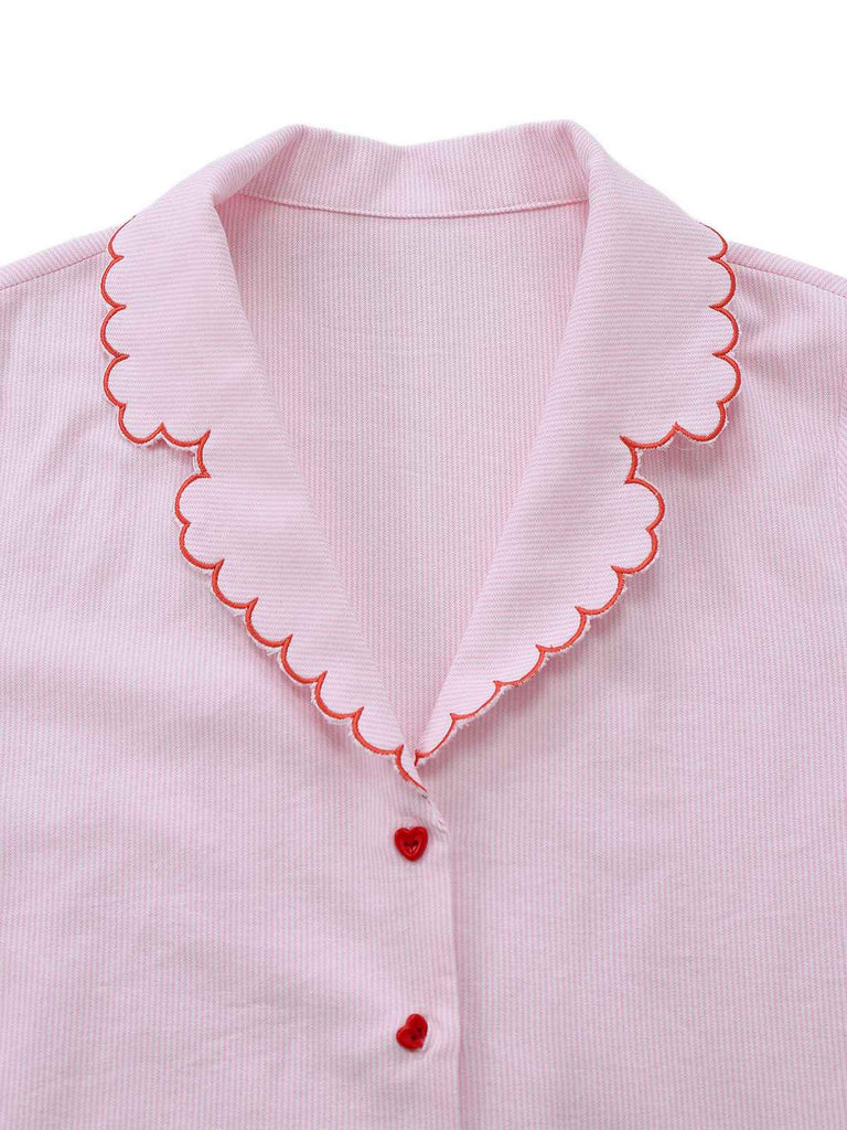 [Pre-Sale] Pale Pink 1950s Pinstripe Heart Button Cotton Pajamas