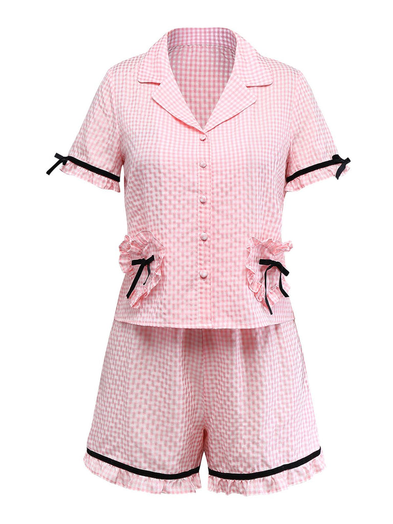 [Pre-Sale] Pink 1950s Heart Ruffled Gingham Bow Ribbons Pajama Set