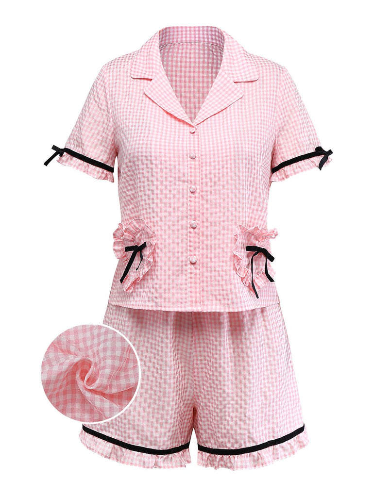 [Pre-Sale] Pink 1950s Heart Ruffled Gingham Bow Ribbons Pajama Set